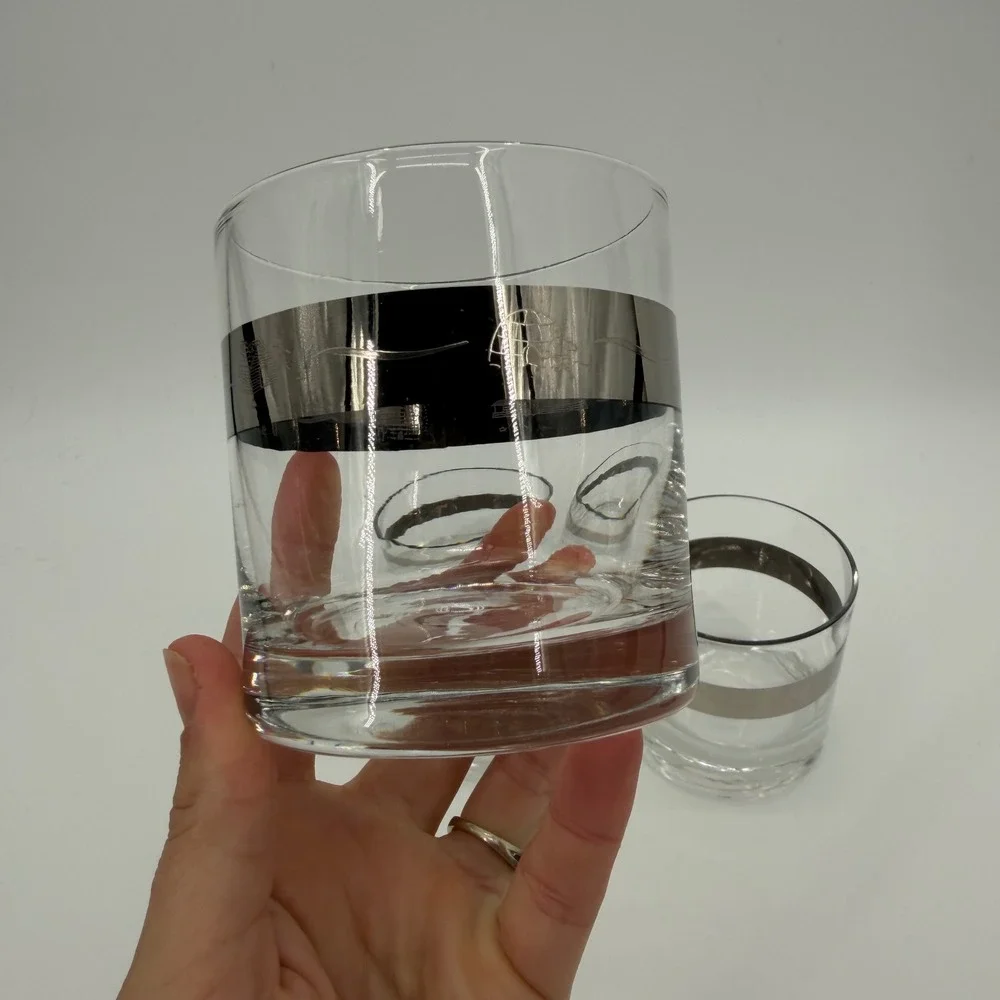 Vintage Silver Platinum Band Whiskey Glasses Set of 3 Winter Igloo Snowflake